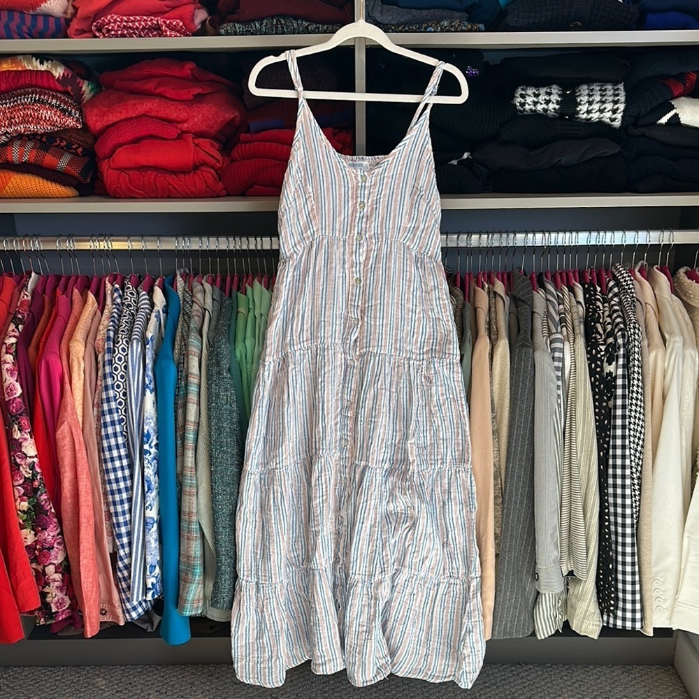4our Dreamers white/red/blue striped button down smocked back midi dress size S